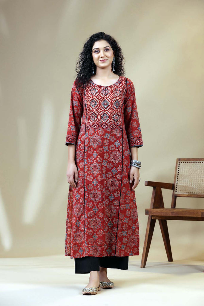 Maroon Long Length A-Line Kurta In Ajrak Cotton