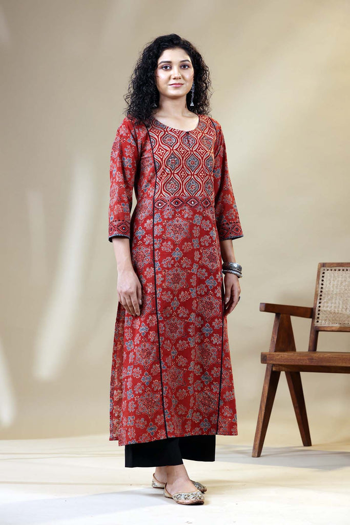 Maroon Long Length A-Line Kurta In Ajrak Cotton