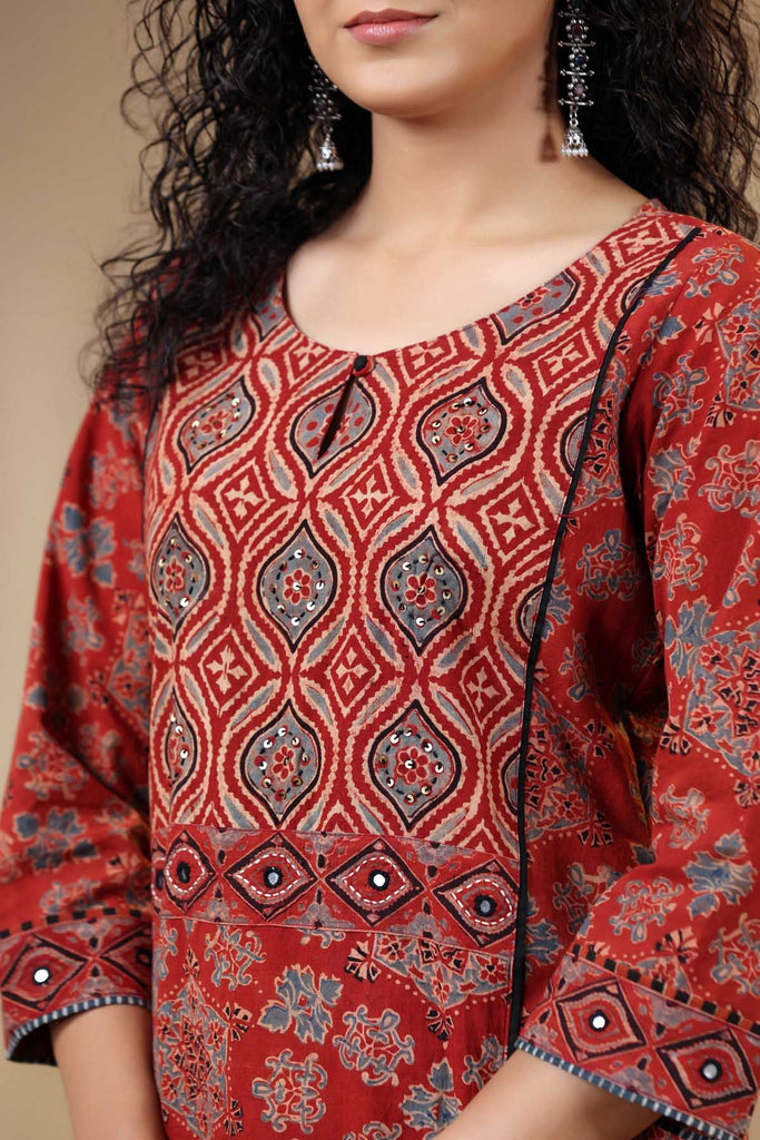 Maroon Long Length A-Line Kurta In Ajrak Cotton