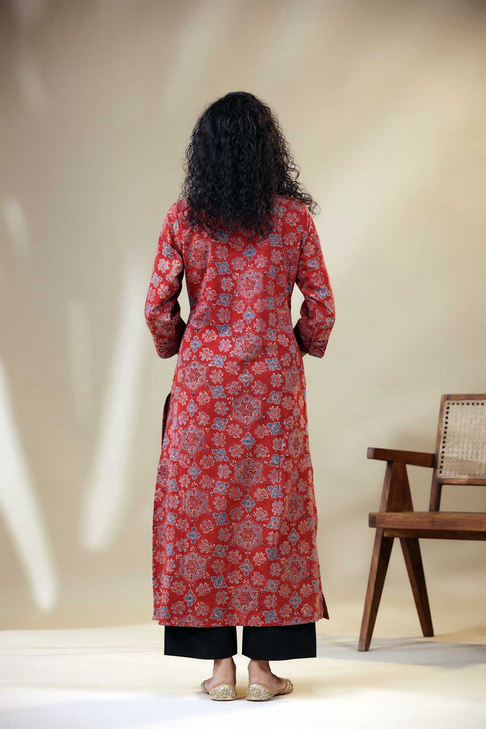 Maroon Long Length A-Line Kurta In Ajrak Cotton