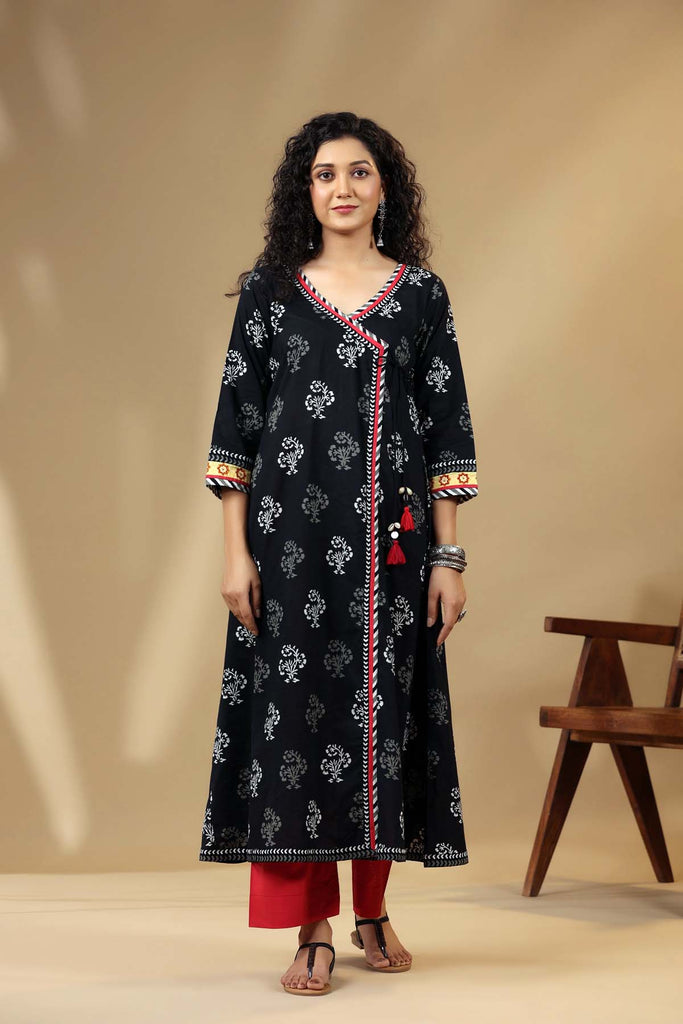 Black Long Length Angrakha Style Kurta In Cotton