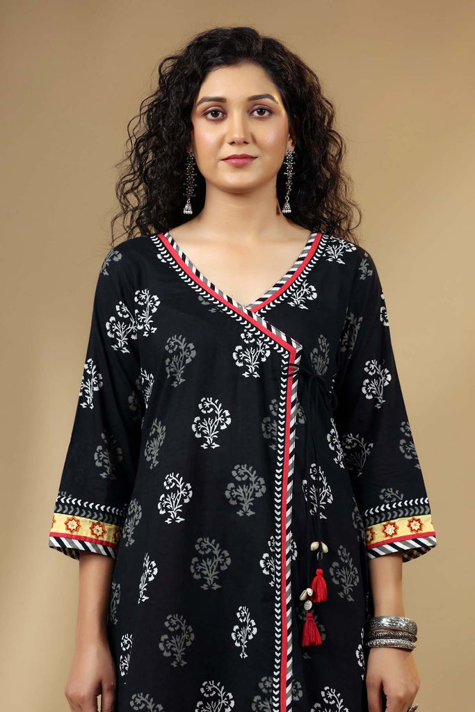 Black Long Length Angrakha Style Kurta In Cotton