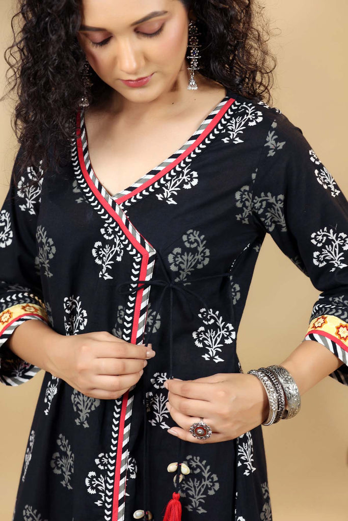 Black Long Length Angrakha Style Kurta In Cotton