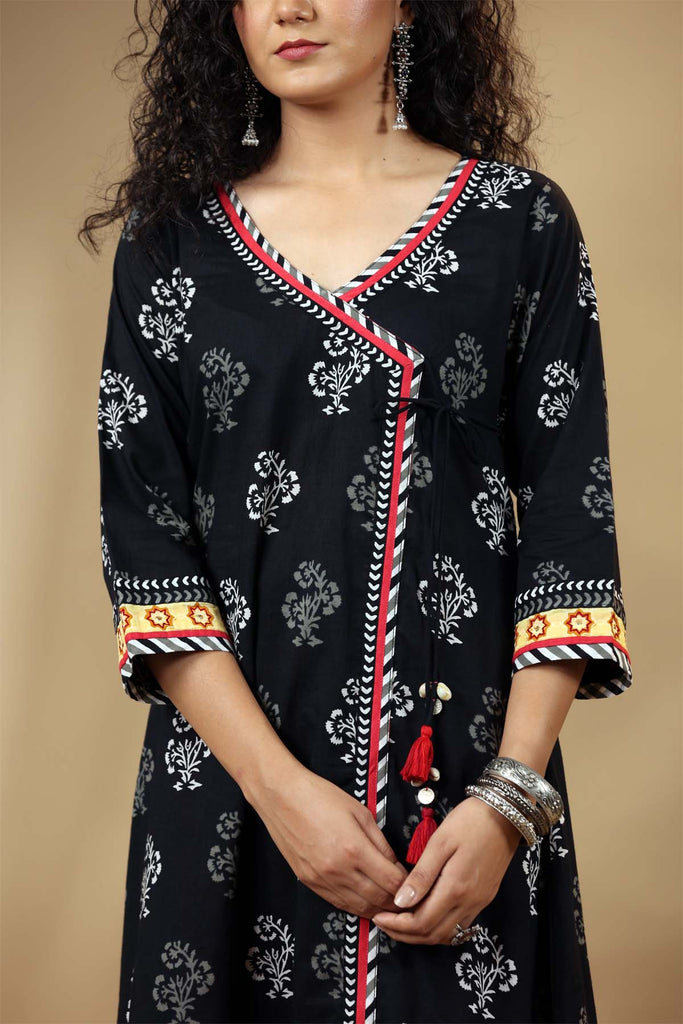 Black Long Length Angrakha Style Kurta In Cotton