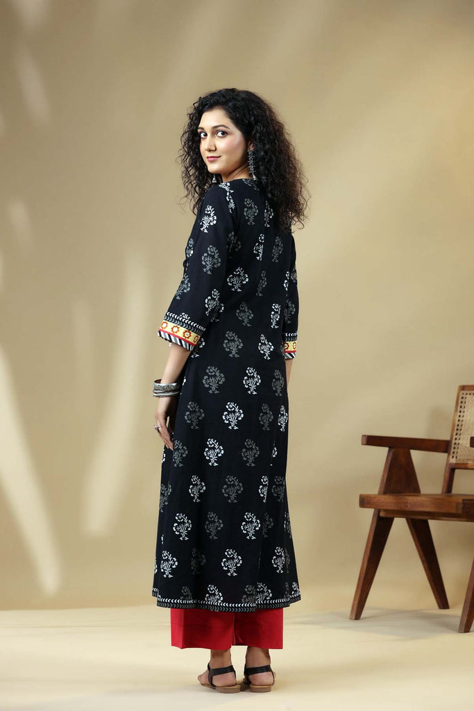 Black Long Length Angrakha Style Kurta In Cotton