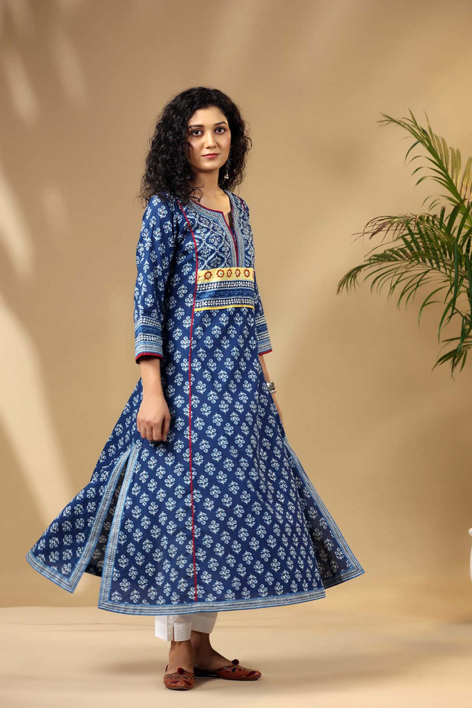 Indigo Blue A-Line Kurta in Cotton Fabric