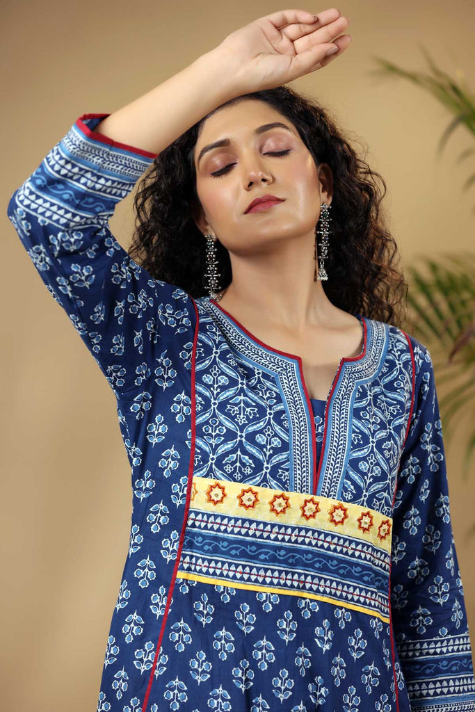 Indigo Blue A-Line Kurta in Cotton Fabric