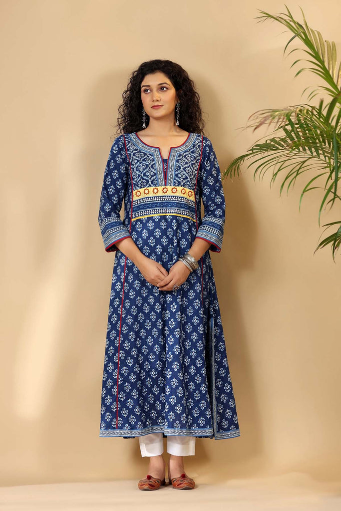 Indigo Blue A-Line Kurta in Cotton Fabric