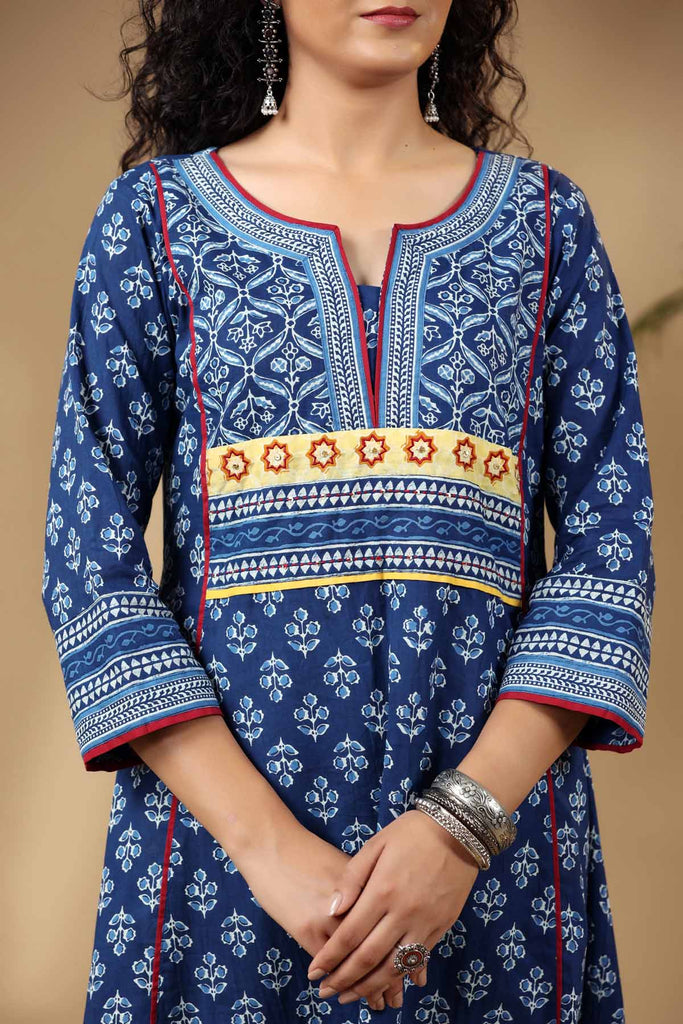 Indigo Blue A-Line Kurta in Cotton Fabric