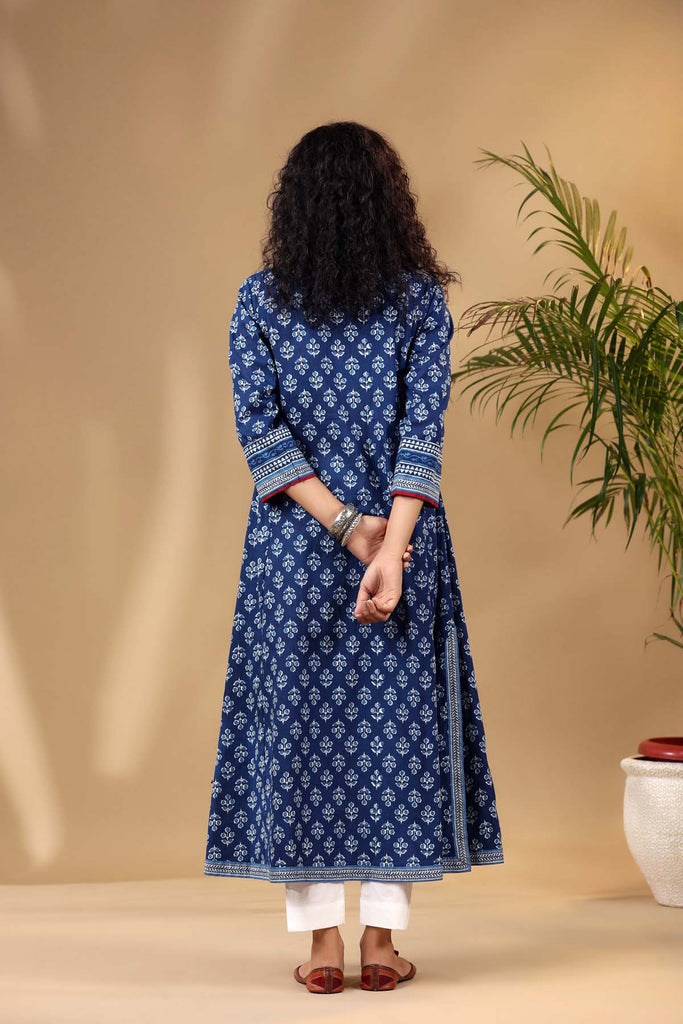 Indigo Blue A-Line Kurta in Cotton Fabric