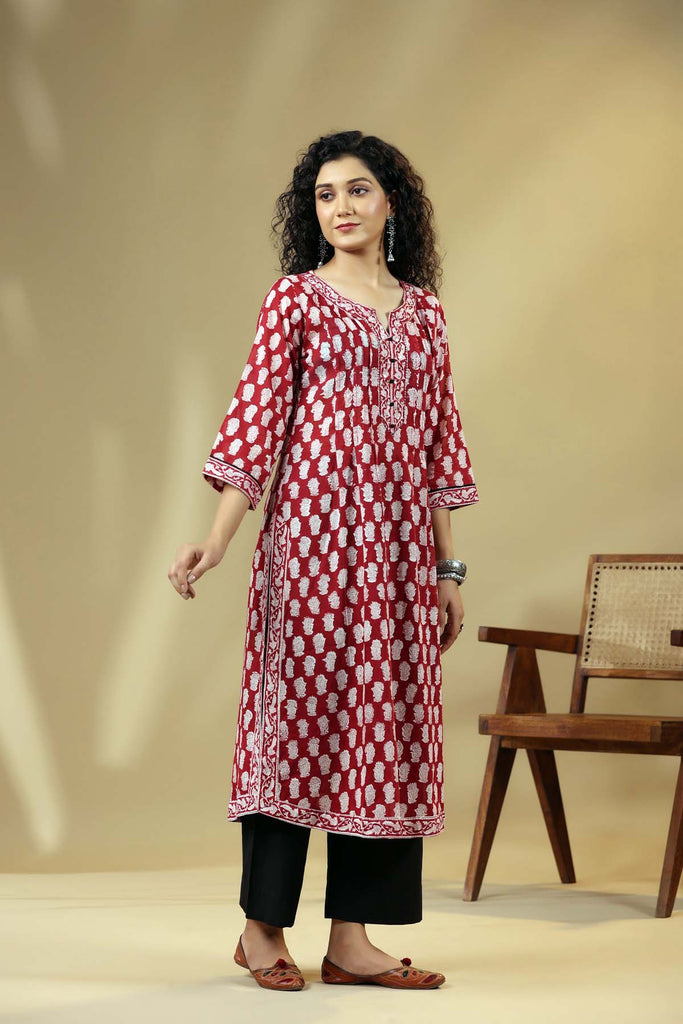 Deep Red Mid Length Kurta In Hand Block Cotton
