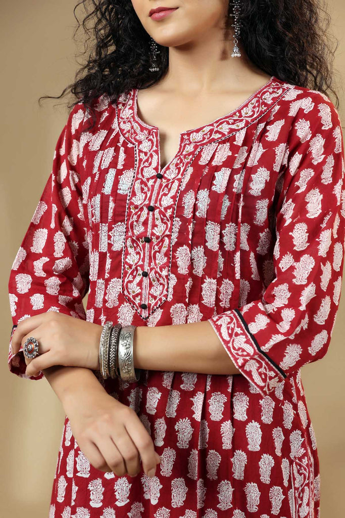 Deep Red Mid Length Kurta In Hand Block Cotton