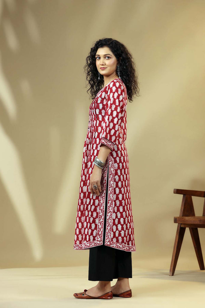 Deep Red Mid Length Kurta In Hand Block Cotton