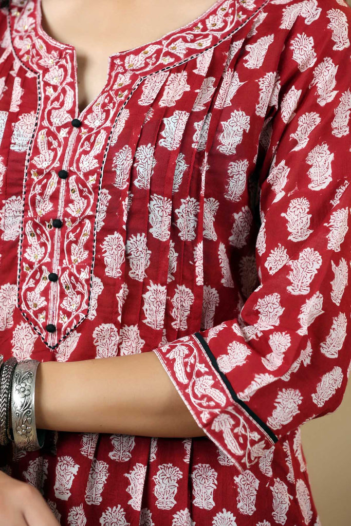 Deep Red Mid Length Kurta In Hand Block Cotton