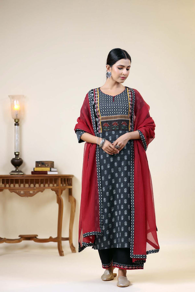 Black Straight Fit Kurta In Kantha Cotton Fabric