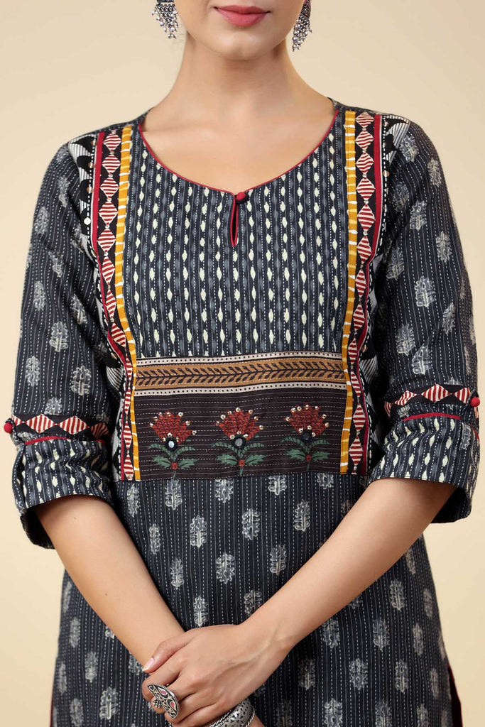 Black Straight Fit Kurta In Kantha Cotton Fabric