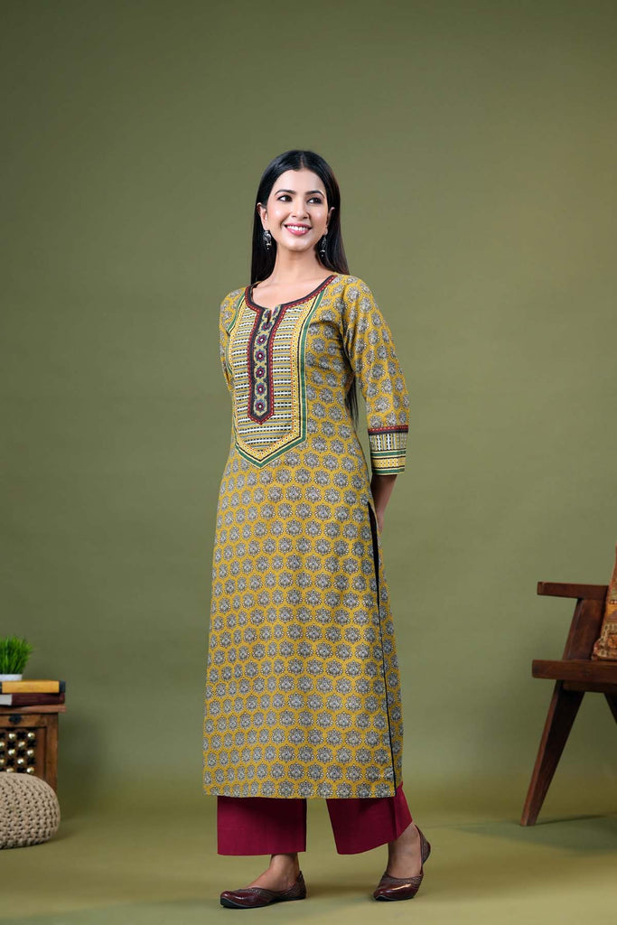 Straight Fit Daabu Print Kurta In Mustard Yellow