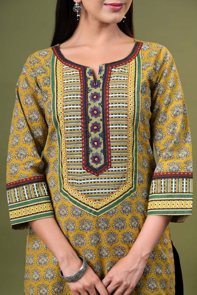 Straight Fit Daabu Print Kurta In Mustard Yellow