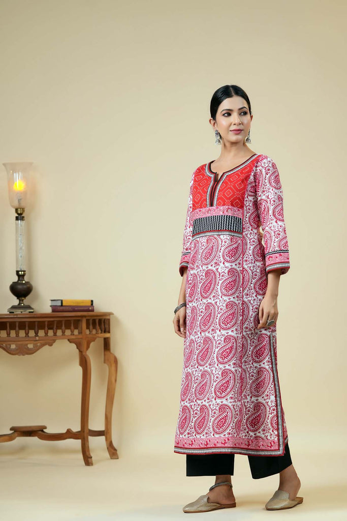 Long Length A-Line Kurta In Red/White Color