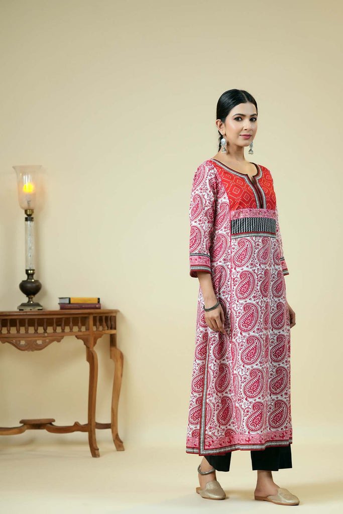 Long Length A-Line Kurta In Red/White Color