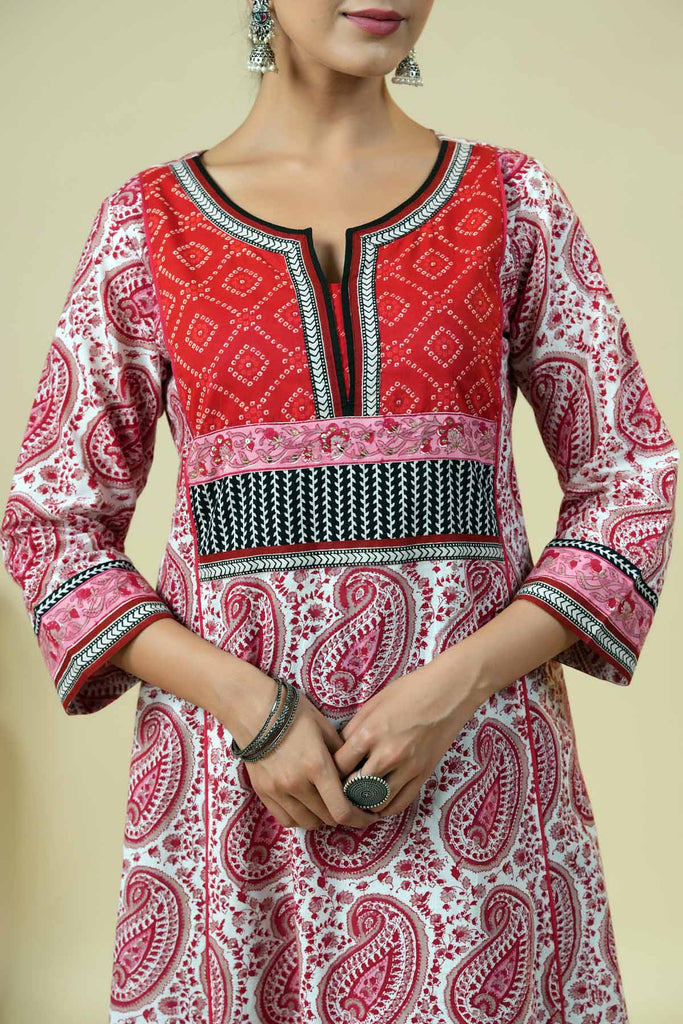 Long Length A-Line Kurta In Red/White Color