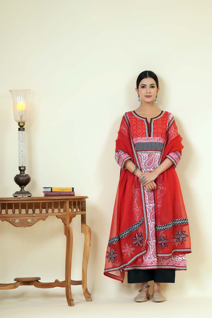 Long Length A-Line Kurta In Red/White Color