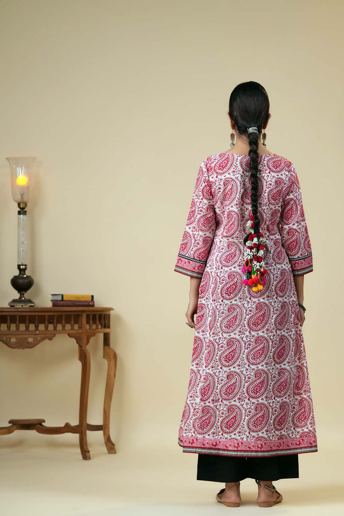 Long Length A-Line Kurta In Red/White Color