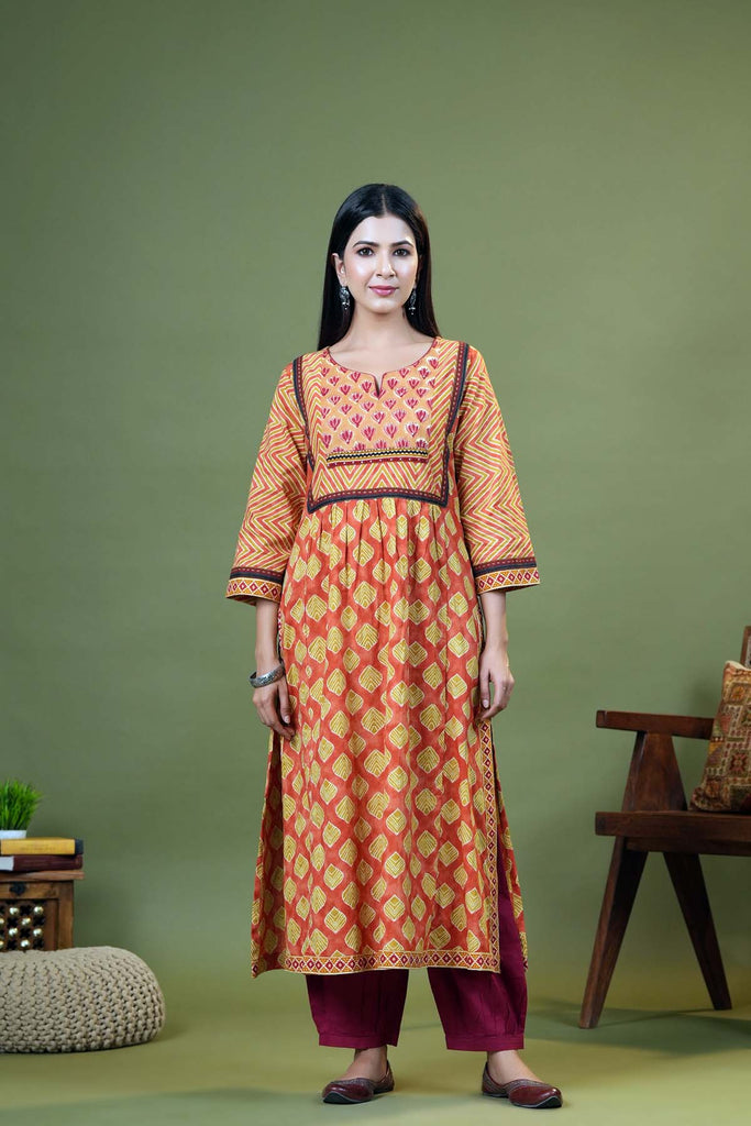 Long Length A-Line Kurta In Coral Orange Color