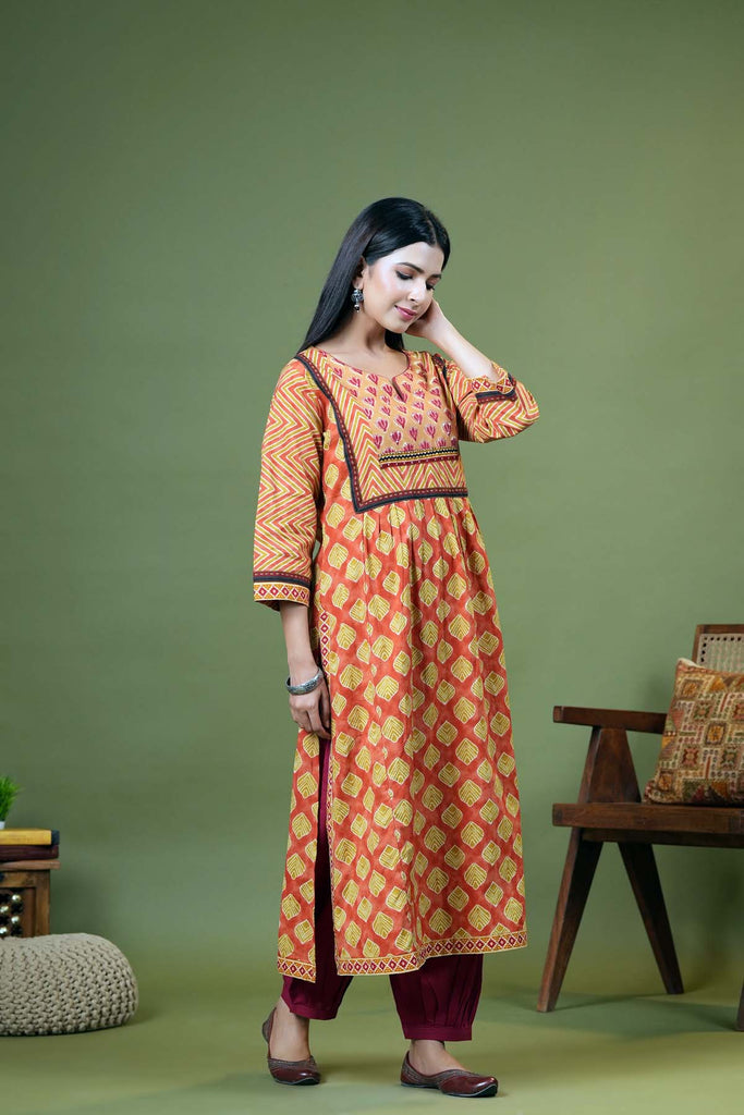 Long Length A-Line Kurta In Coral Orange Color