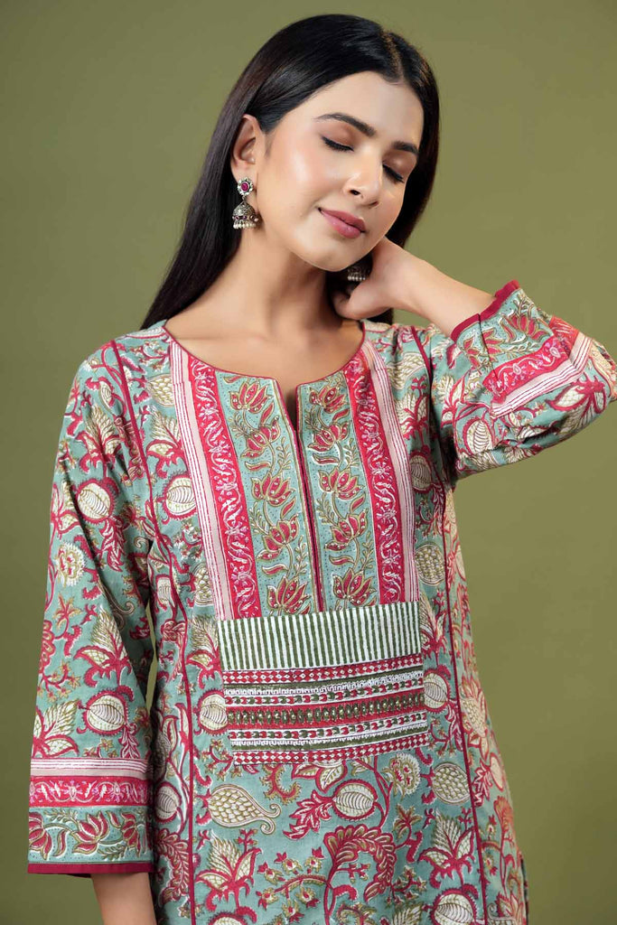 Olive Green Straight Fit Kurta In Hand Block Cotton