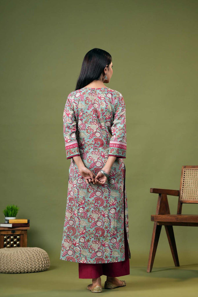 Olive Green Straight Fit Kurta In Hand Block Cotton