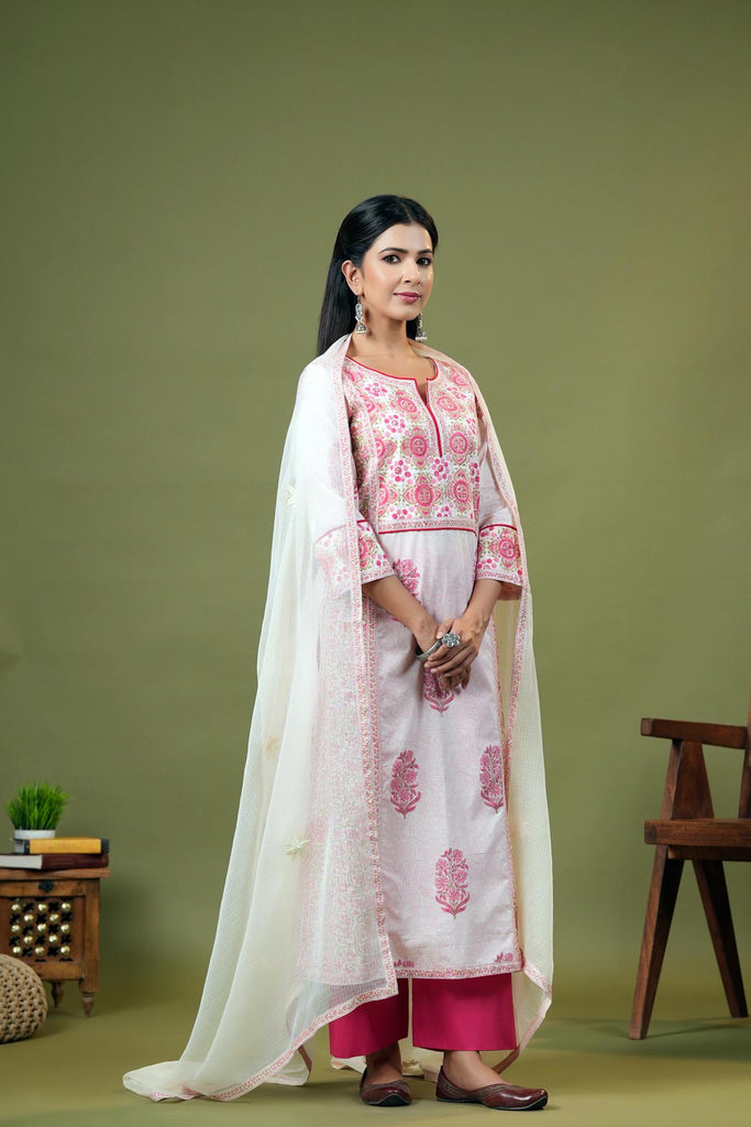 Long Length A-Line Kurta In Cream Base Color