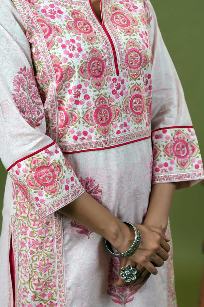 Long Length A-Line Kurta In Cream Base Color