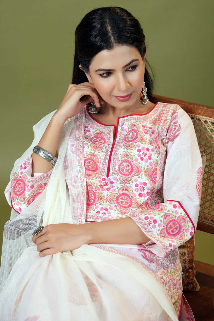 Long Length A-Line Kurta In Cream Base Color