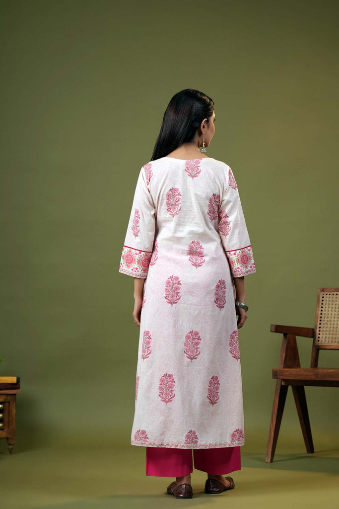 Long Length A-Line Kurta In Cream Base Color