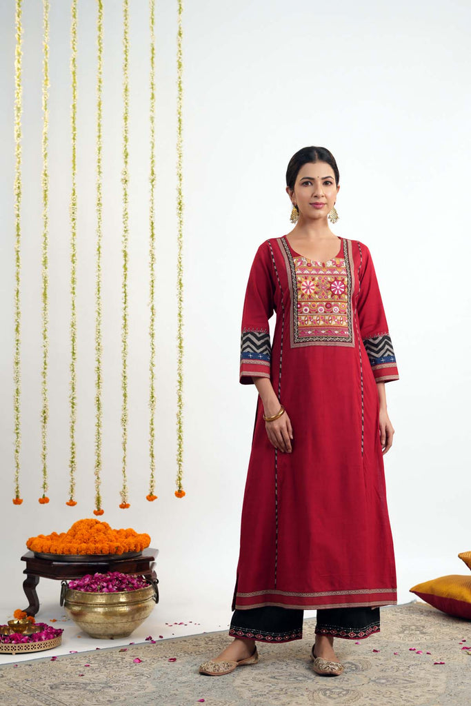 Deep Red Long Length A-Line Kurta