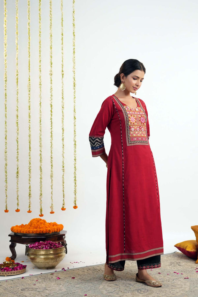 Deep Red Long Length A-Line Kurta