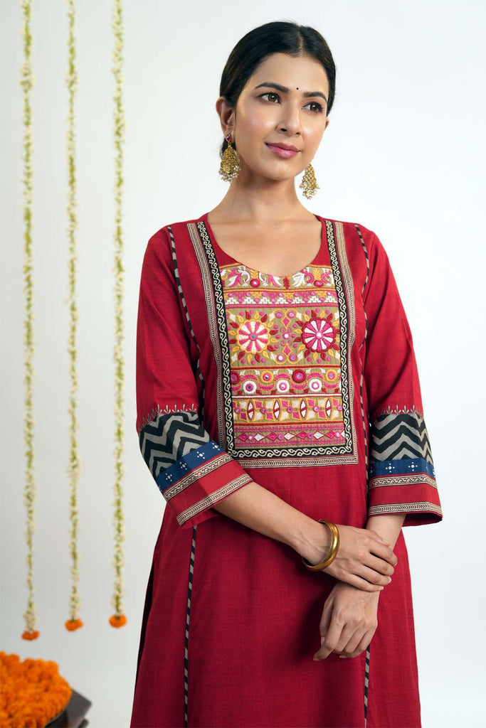 Deep Red Long Length A-Line Kurta