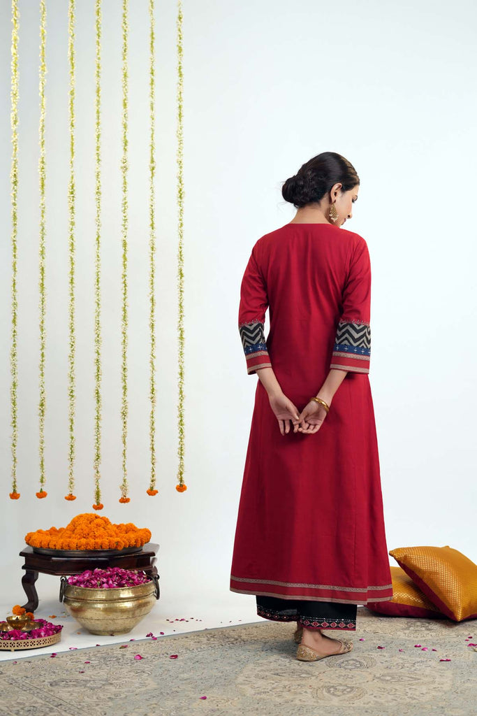 Deep Red Long Length A-Line Kurta