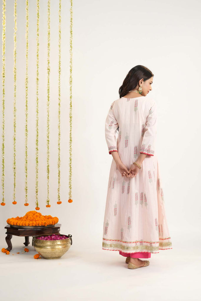 Peach Kalidaar Angrakha Style Kurta In Dobi Cotton