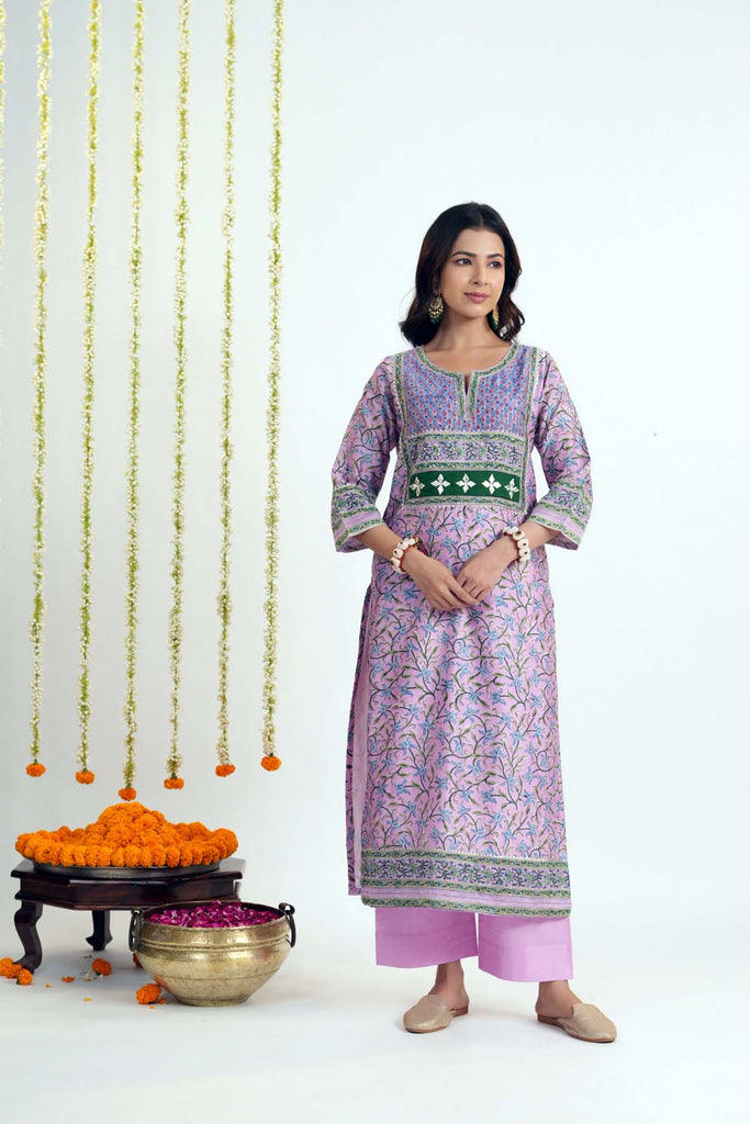 Purple Straight Fit Kurta In Hand Block Chanderi Fabric