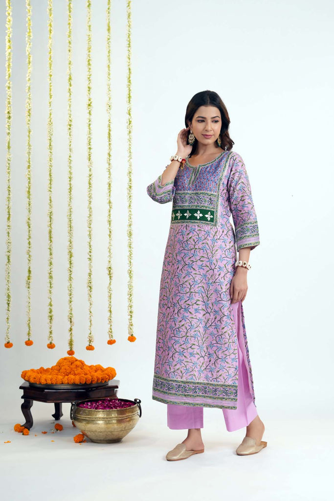 Purple Straight Fit Kurta In Hand Block Chanderi Fabric