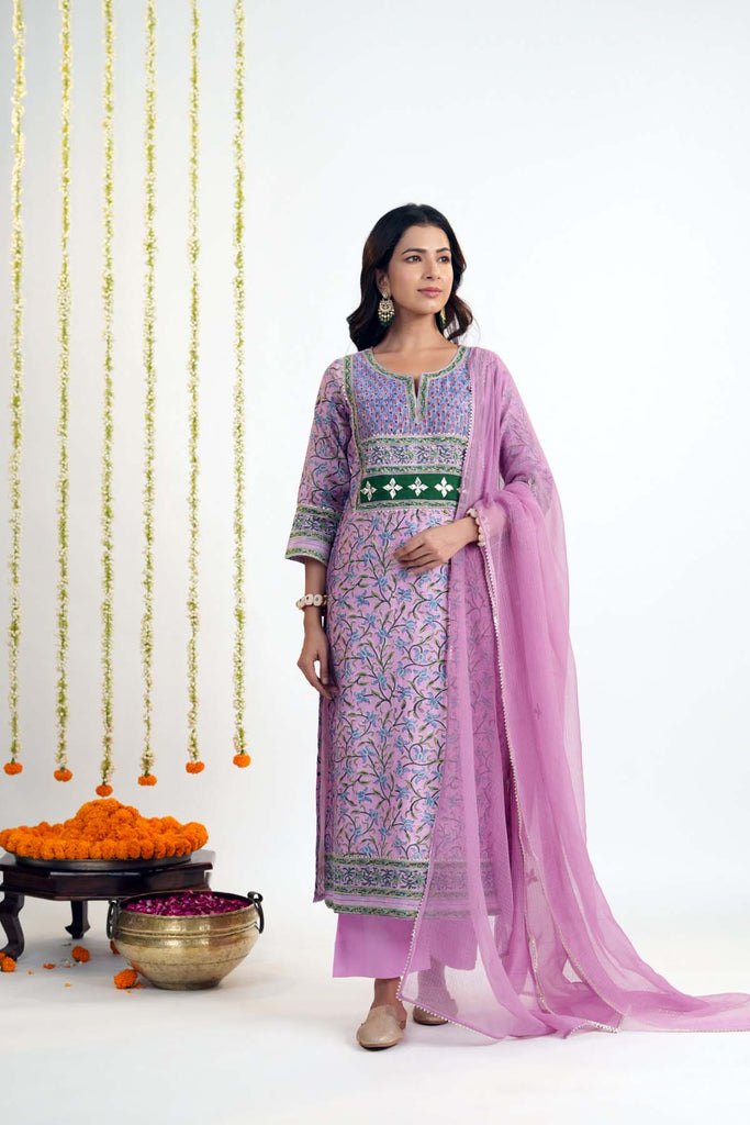 Purple Straight Fit Kurta In Hand Block Chanderi Fabric