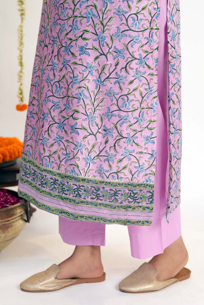 Purple Straight Fit Kurta In Hand Block Chanderi Fabric