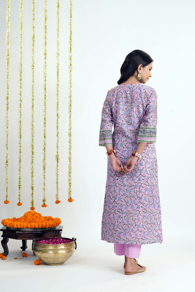 Purple Straight Fit Kurta In Hand Block Chanderi Fabric