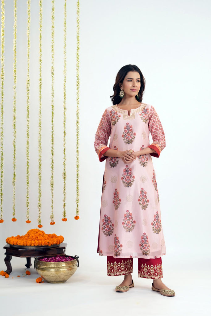 Peach A-Line Kurta In Hand Block Printed Chanderi Fabric