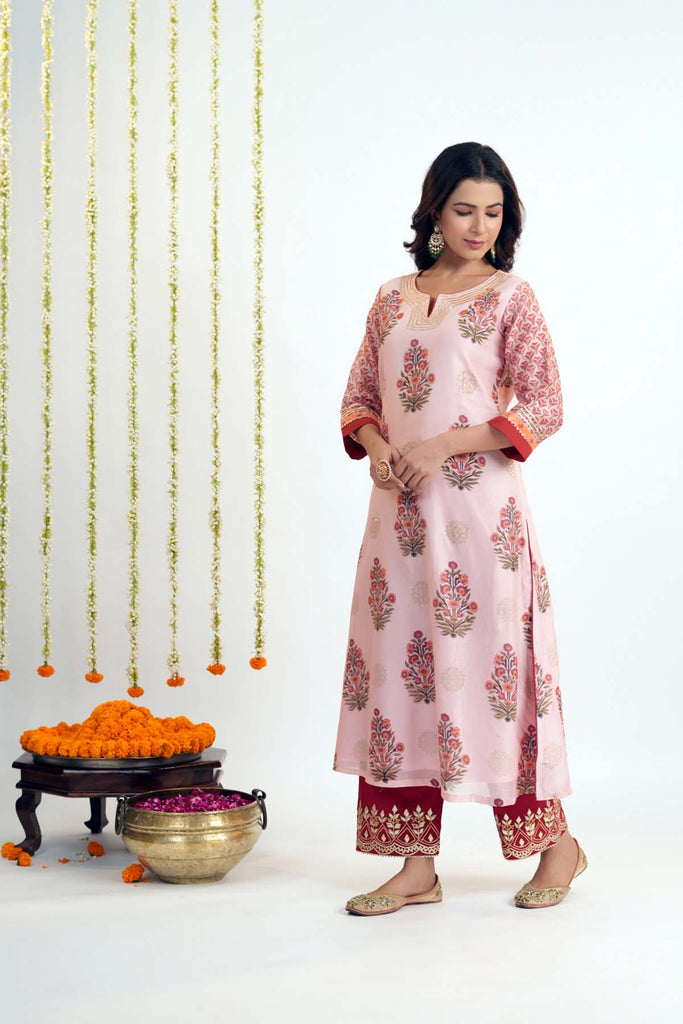 Peach A-Line Kurta In Hand Block Printed Chanderi Fabric