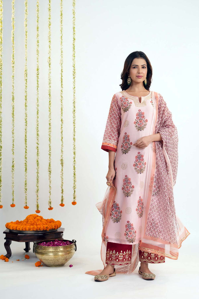 Peach A-Line Kurta In Hand Block Printed Chanderi Fabric