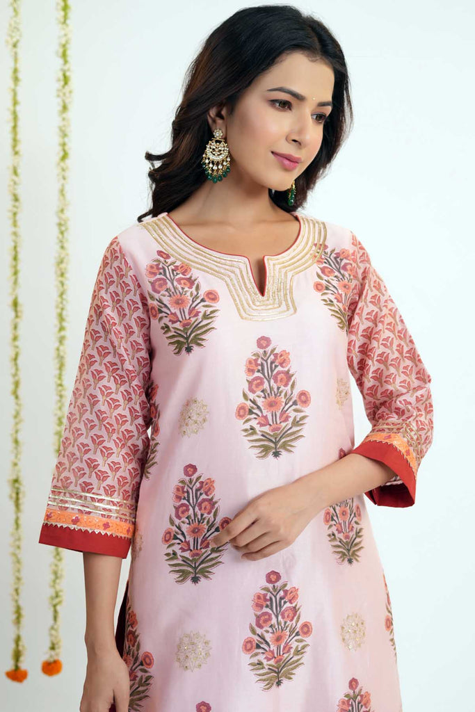 Peach A-Line Kurta In Hand Block Printed Chanderi Fabric