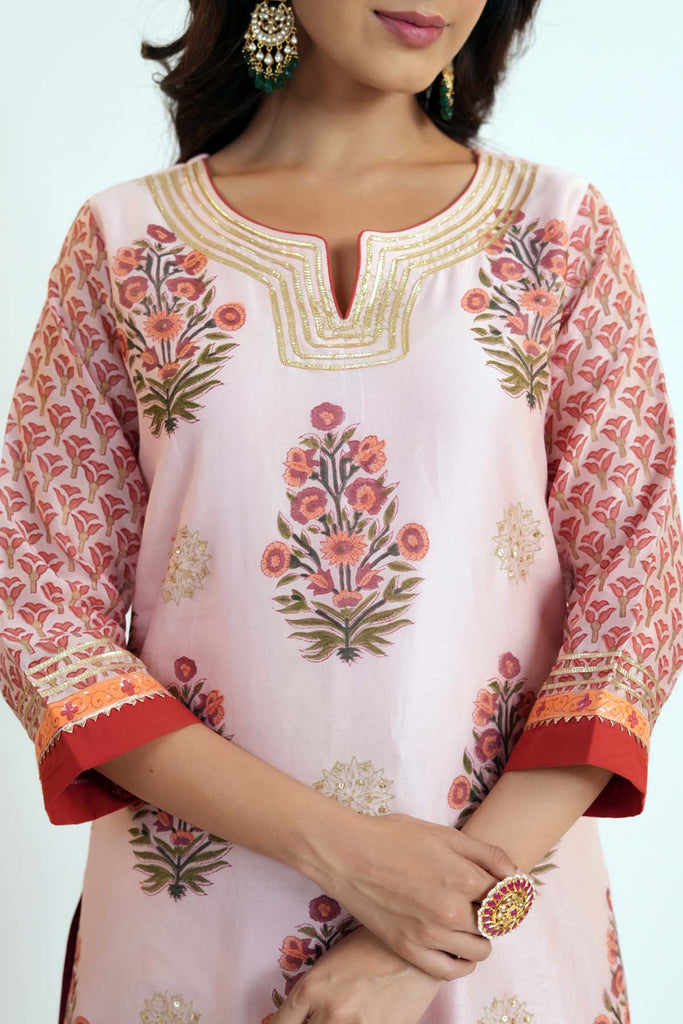 Peach A-Line Kurta In Hand Block Printed Chanderi Fabric